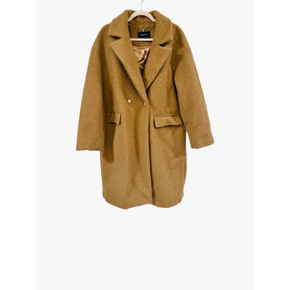 BCBGMAXAZRIA Camel Coat Gold Buttons, Buckei Fabric Notched Collar Lined Large - Picture 7 of 15